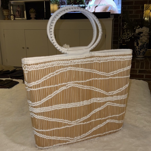 NWT Bohemian designer straw white/tan purse round top handle - Picture 5 of 7